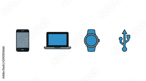 Set of four technology icons including smartphone laptop smartwatch and USB symbol.