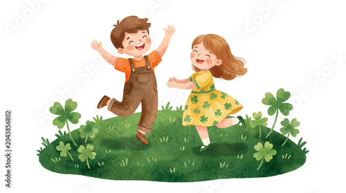 Two joyful children dancing on a green grassy meadow with clovers