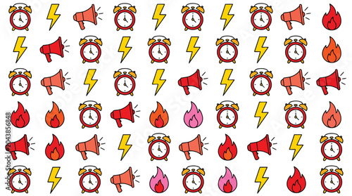 Seamless pattern of comic style icons including alarm clocks lightning bolts megaphones and flames.