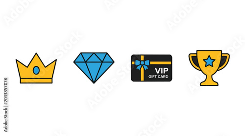 Luxury and Reward Icons Set Including Crown Diamond VIP Card and Trophy.