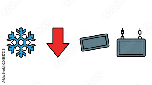 Set of four colorful vector icons including snowflake arrow and signs.