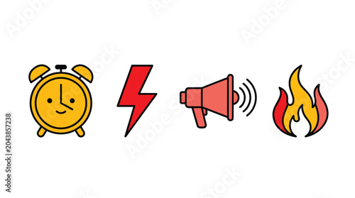 Set of four colorful flat icons including alarm clock lightning bolt megaphone and fire flame on white background.