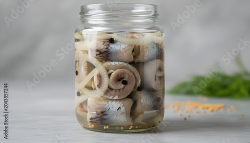 Traditional pickled herring rollmop in a glass jar with onions and spices, showcasing preserved fish as a classic European culinary concept in studio light