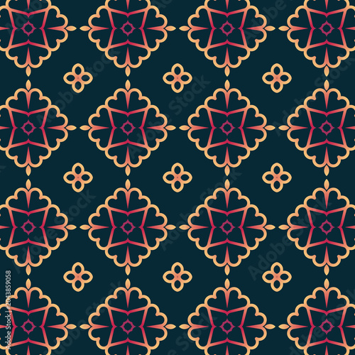 Decorative hearts seamless pattern on dark green background