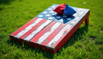 American flag cornhole board with red and blue bean bags sits on green grass. This backyard game celebrates patriotism and fun outdoor recreation with rustic charm.
