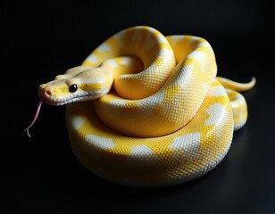 Albino python snake with yellow and white scales coiled on black background. Reptile flicks pink tongue, showing scales detail. Animal in zoo or terrarium.