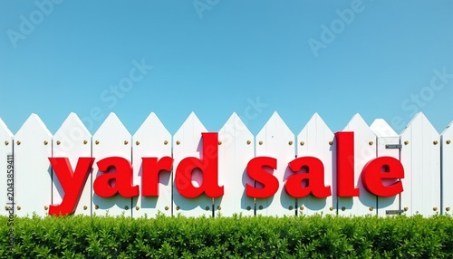 Red letters spell yard sale on white picket fence. Green bushes below a clear blue sky. Perfect for announcing bargains and second hand finds.
