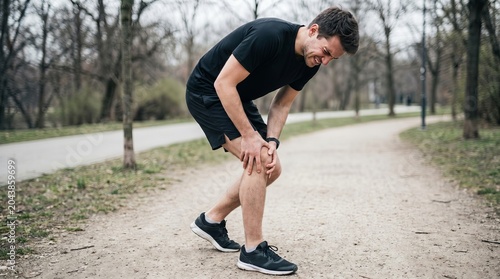 Caucasian male athlete inspects his knee following abrupt pain while exercising outdoors in morning