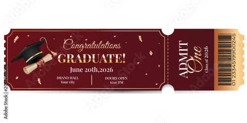 Foto Graduation Ticket Invitation Template 2026 in Burgundy and Gold Style with Diplo