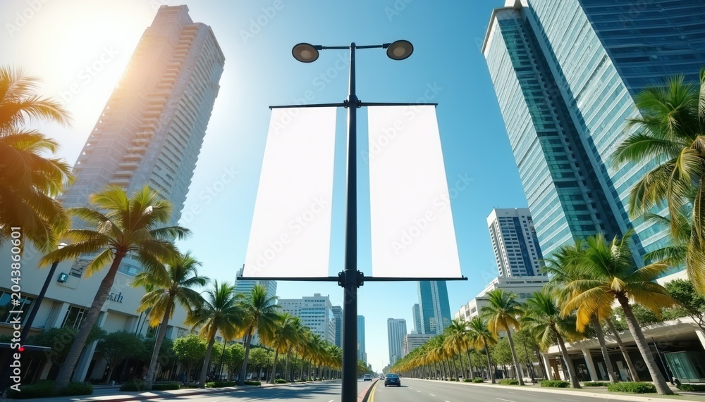 Obraz premium Two blank street banners hang from pole on sunny city avenue. Tall glass skyscrapers and palm trees line street. Cars drive on road, clear sky overhead.