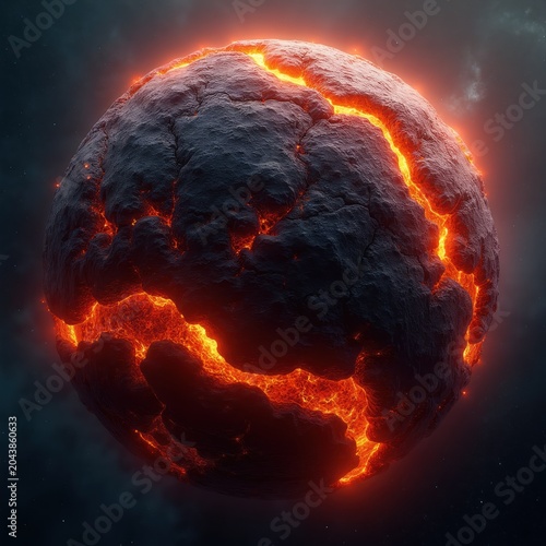 Glowing lava planetoid with molten cracks in deep space. Fiery sphere with textured dark surface. Cosmic background with distant stars. Volcanic world.
