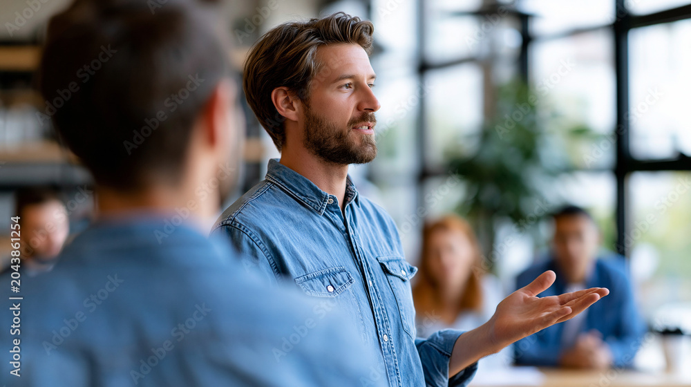 Fototapeta premium A European team leader viewed from behind presents softly a bright idea to a calm coworkers group during a casual office briefing in soft daylight, peer coaching, faceless back