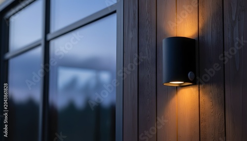 Modern black outdoor porch sconce with motion sensor illuminating a wooden facade of a contemporary house at twilight, representing smart home security and welcoming ambiance concept