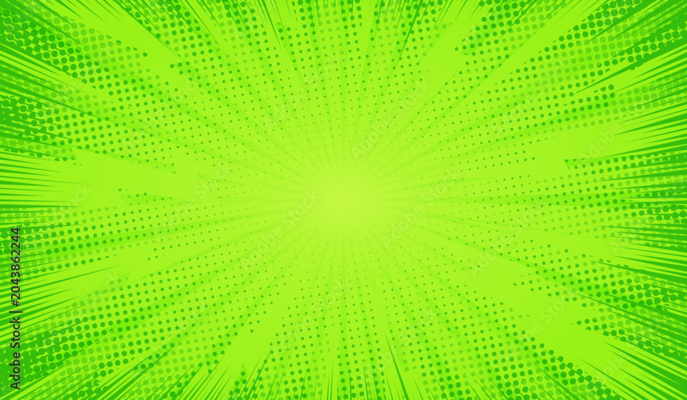 Obraz premium Comic background. Green background in pop art comics style. Cartoon thunder lightning. Game show. Funny book page. Fun dot popart pattern for sale. Sunburst bubble. Starburst bg. Vector illustration