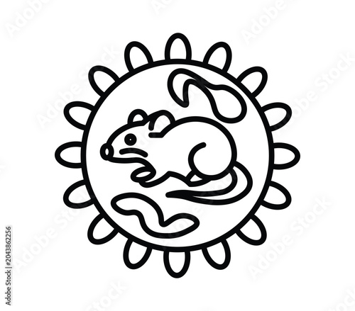 Simple Black and White Illustration of a Rat Inside a Circular Shape with Radiating Lines