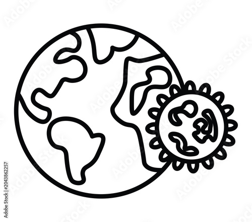 Global Earth with Virus Illustration, Pandemic and Health Concept, Outlined Line Drawing