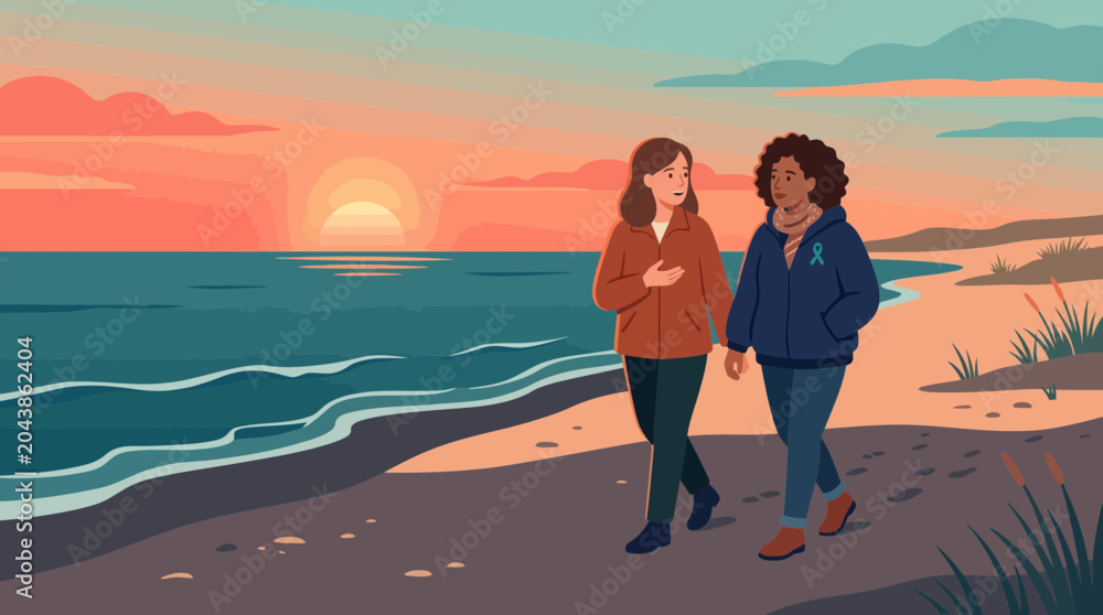 Fototapeta premium Two Women Walking on Beach at Sunset with Awareness Ribbon