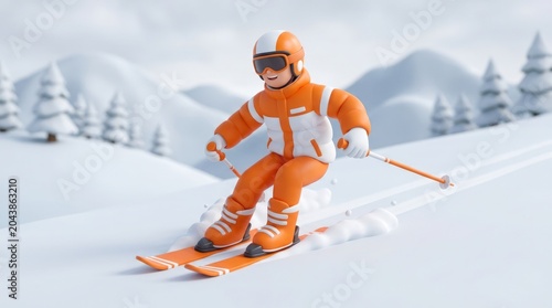 Cute 3d character enjoying winter sports, skiing downhill on snowy mountain with trees