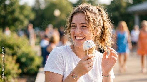 Happy young woman eating ice cream cone outdoors in summer park