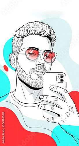 Artistic illustration of a young man with sunglasses taking a selfie against a colorful abstract background for social media, digital art, and self-expression projects