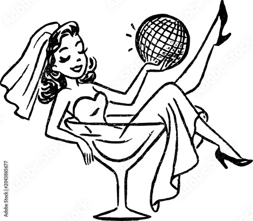 Hand Drawn Bride with Disco Ball in Martini Vector Drawing