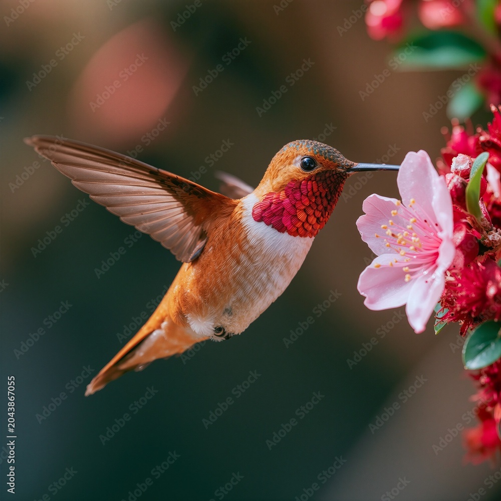 Fototapeta premium Hummingbird hovering beside a flower in macro wildlife portrait