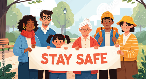 Diverse group of happy people standing together in a sunny park holding a banner with an inspiring community safety message encouraging collective health awareness and mutual care among citizens