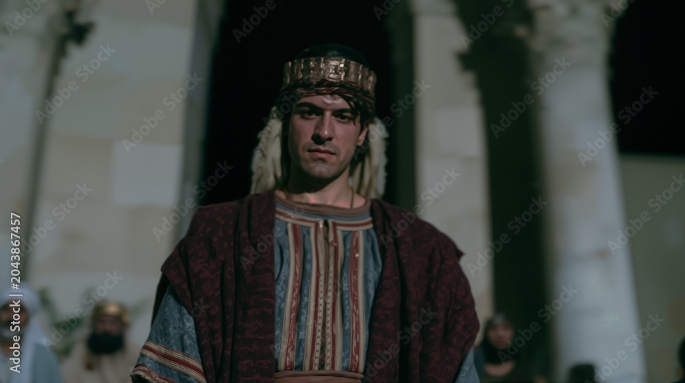 Obraz premium Daniel standing in a royal Babylonian court with detailed architecture