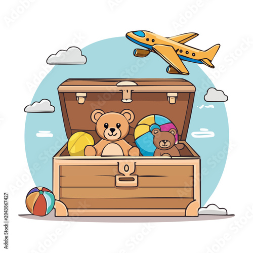 Open Treasure Chest Filled with Toys and Toy Airplane Flying