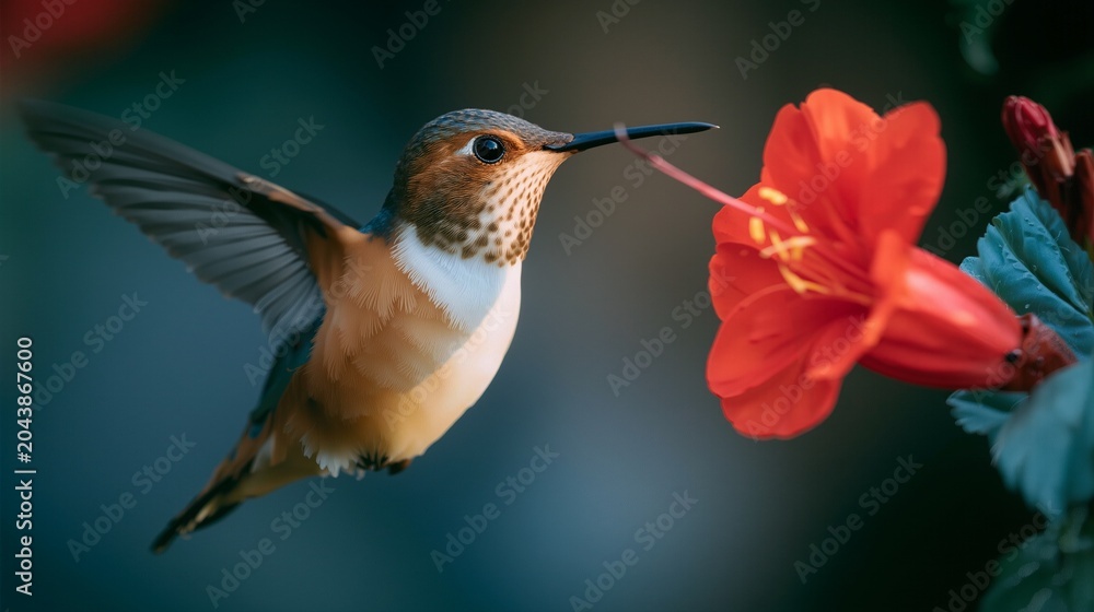Obraz premium Portrait of a hummingbird hovering near a bright flower blossom