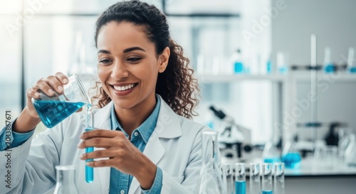 Scientist Pouring Blue Liquid in Lab