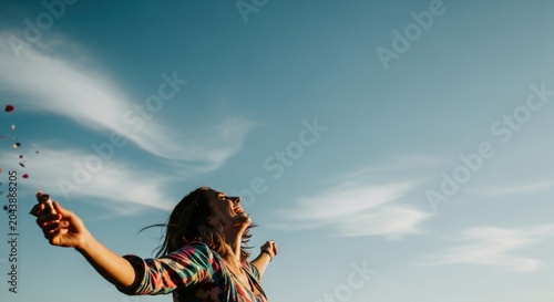 Woman Laughing and Throwing Petals in Sky