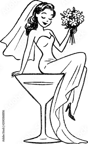 Bild auf Leinwand Hand Drawn Bride with Bouquet in Martini Vector Drawing