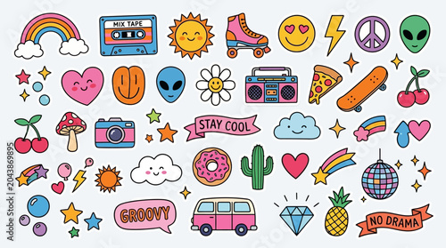 Retro 70s & 80s Pop Culture Icons, Stickers, Vector Art