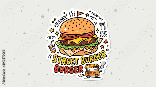 Hand-drawn Street Burger with Soda and Food Cart Sticker