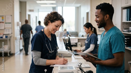 Diverse Medical Team Collaborating at Hospital Nurses Station with Tablet and Chart
