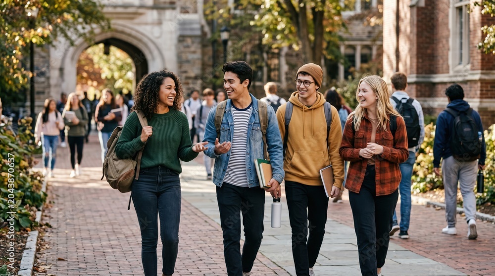 Naklejka premium Diverse Group of Young Adult College Students Walking Together on University Campus Path During Autumn Semester