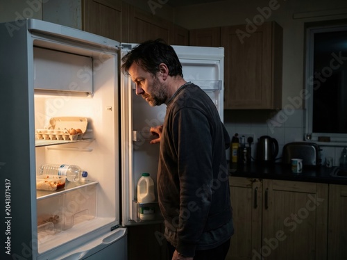 Man looking into nearly empty refrigerator at home
