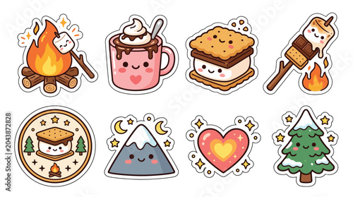 Quadro su tela Cute Kawaii Camping and S'mores Stickers Collection with Campfire, Hot Chocolate, Mountain, and Christmas Tree