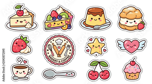Bild auf Leinwand Cute Kawaii Desserts and Sweet Treats Sticker Collection.