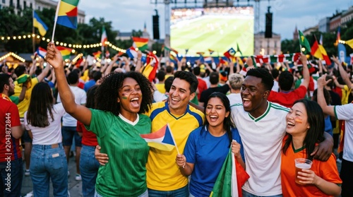 Diverse Group of Young Adult Friends Cheering Together at Outdoor Soccer Fan Zone Watch Party
