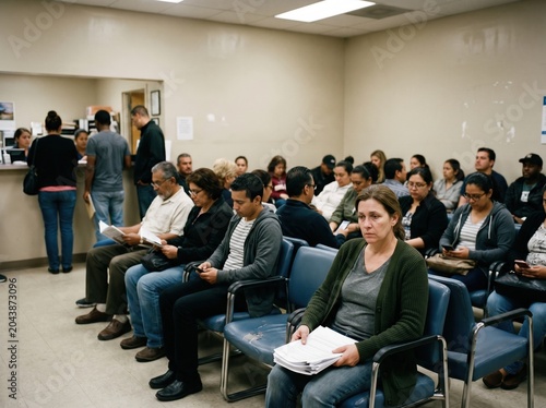Exhausted patient in an overcrowded clinic waiting room