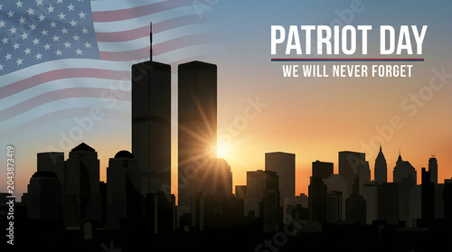 Patriot Day NYC skyline with American flag