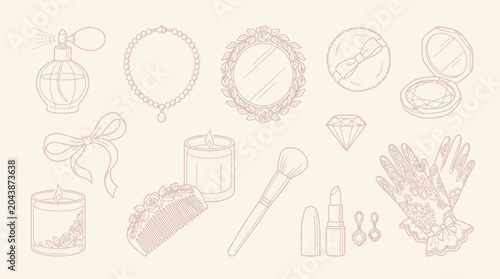 Fotografia Collection of vintage beauty and cosmetic accessories, including perfume bottle, jewelry, mirror, makeup brush, lipstick, and gloves