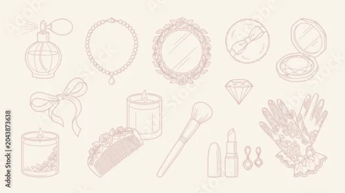 Naklejka Collection of vintage beauty and cosmetic accessories, including perfume bottle, jewelry, mirror, makeup brush, lipstick, and gloves.