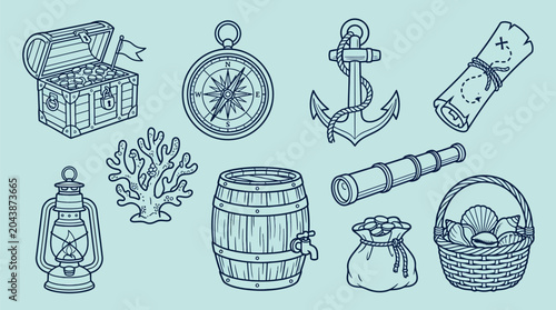 Foto Collection of nautical and pirate-themed illustrations including a treasure chest, compass, anchor, spyglass, and map