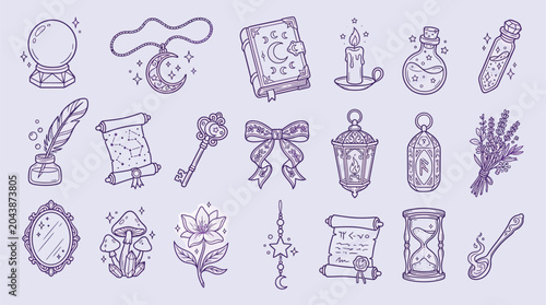 Fotografia Collection of magical and mystical hand-drawn icons including a crystal ball, potion bottles, candles, and celestial elements