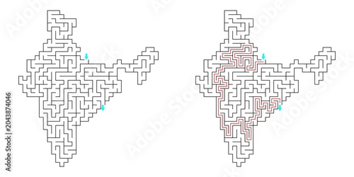 Obraz na plátně Map of India Abstract labyrinth  outline shaped maze puzzle vector with answer i