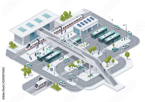 Fotografie Modern transportation hub with trains buses and cars.