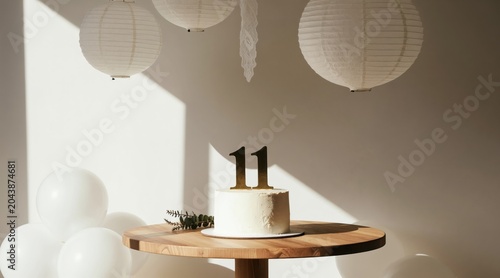 White cake with golden number 11 on top sits on wooden table. Balloons and paper lanterns add festive mood. Simple decor celebrates childs eleventh birthday.